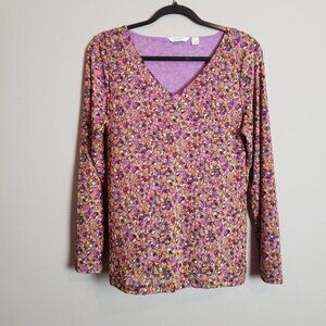 Liz Claiborne Purple Floral Garden Mesh Long Sleeve Top Large